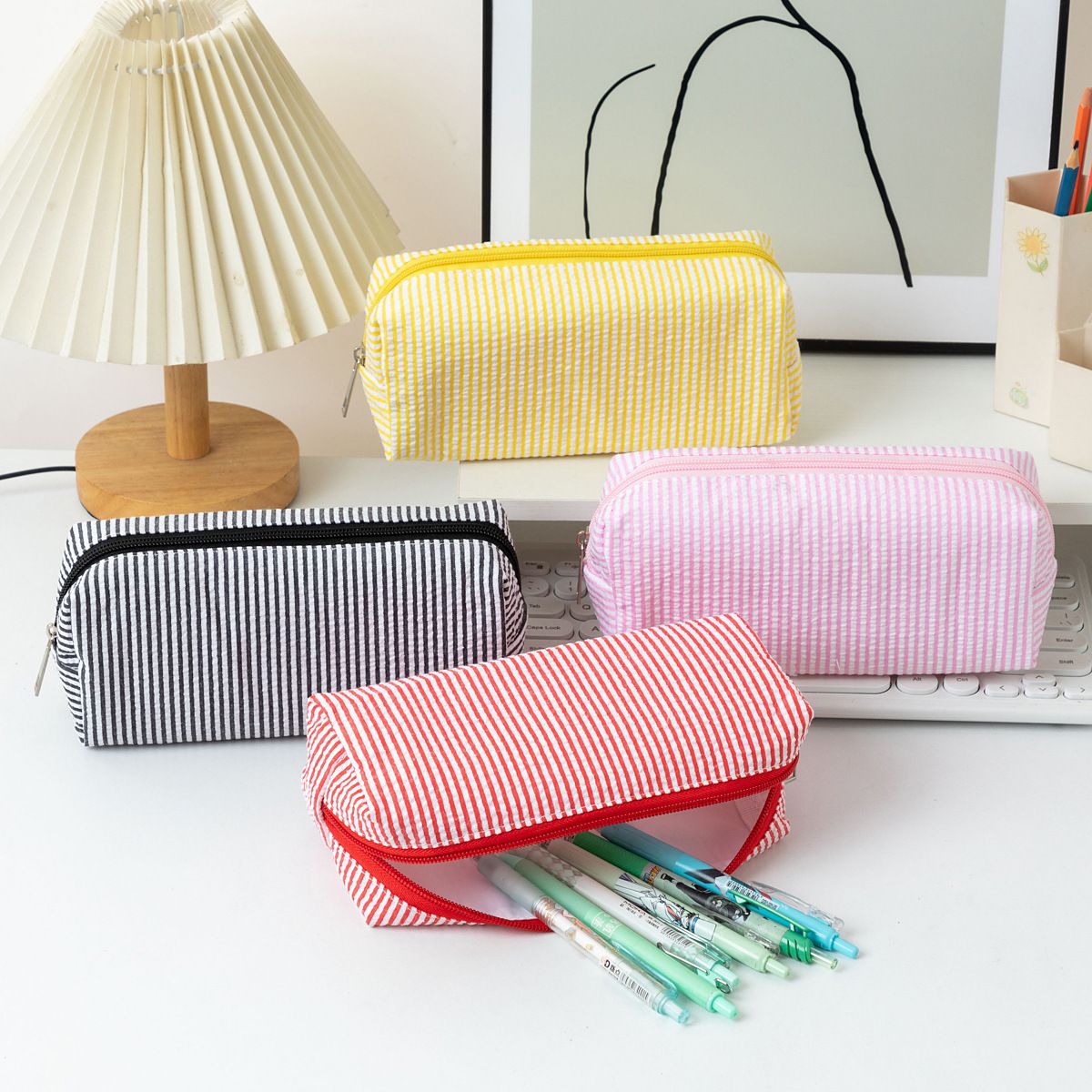 Large striped black and white pencil case by Everything Baby, fabric stationery pouch with smooth zipper for pens and pencils.