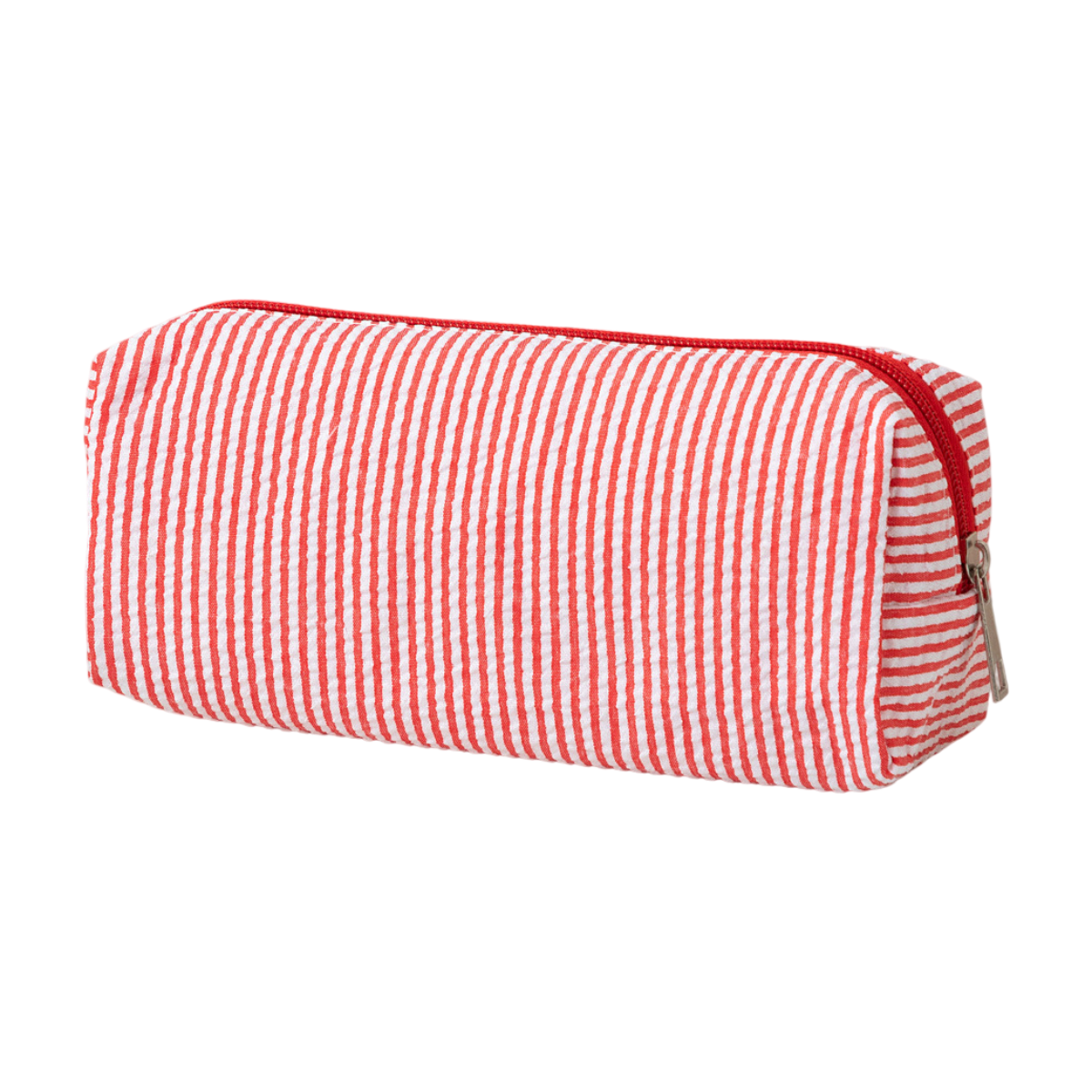 Large red and white striped pencil case by Everything Baby, fabric storage pouch with smooth zipper for pens and pencils.