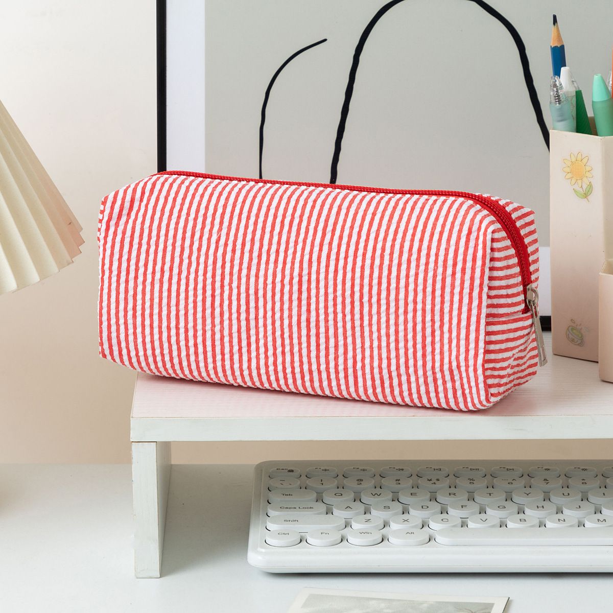 Large red and white striped pencil case by Everything Baby, fabric stationery pouch with smooth zipper for pens and pencils.