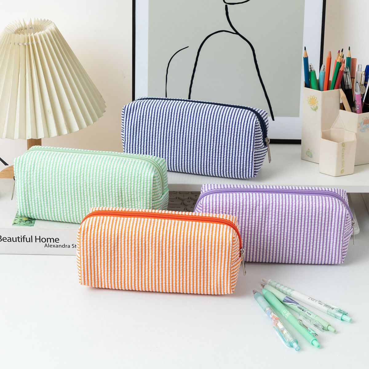 Large green and white striped pencil case by Everything Baby, fabric storage pouch with smooth zipper for pens and pencils.