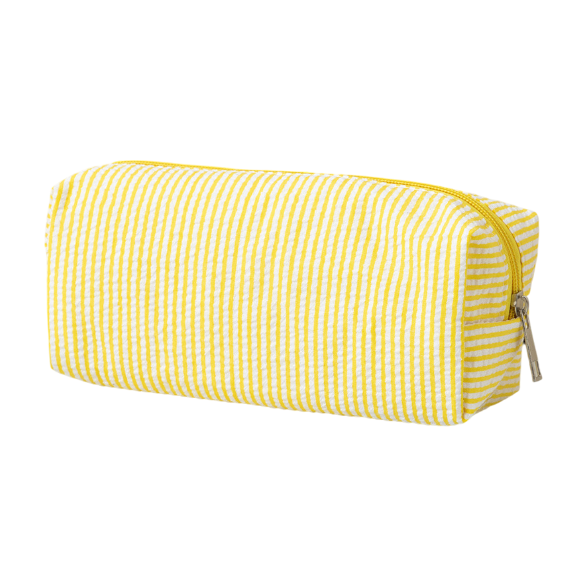 Large yellow and white striped pencil case for kids, with smooth zipper, ideal for pens, pencils, and desk organization.