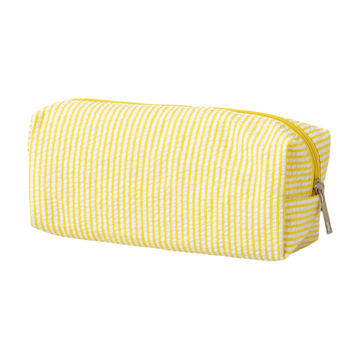 Large yellow and white striped pencil case for kids, with smooth zipper, ideal for pens, pencils, and desk organization.