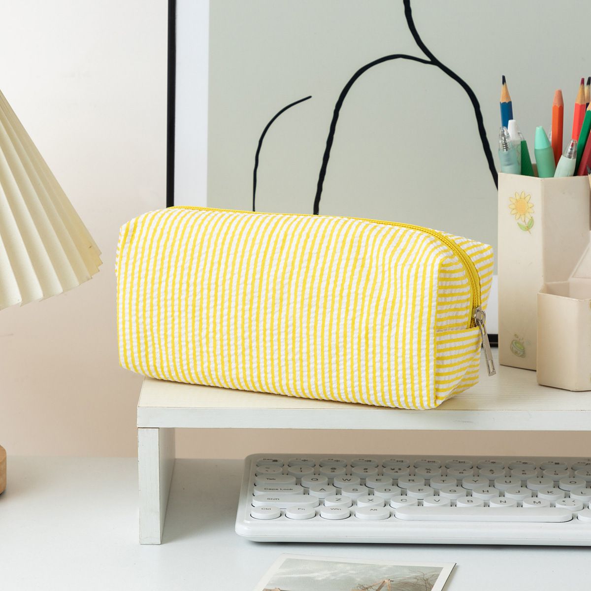 Large yellow and white striped pencil case by Everything Baby, fabric stationery pouch with smooth zipper for pens and pencils.