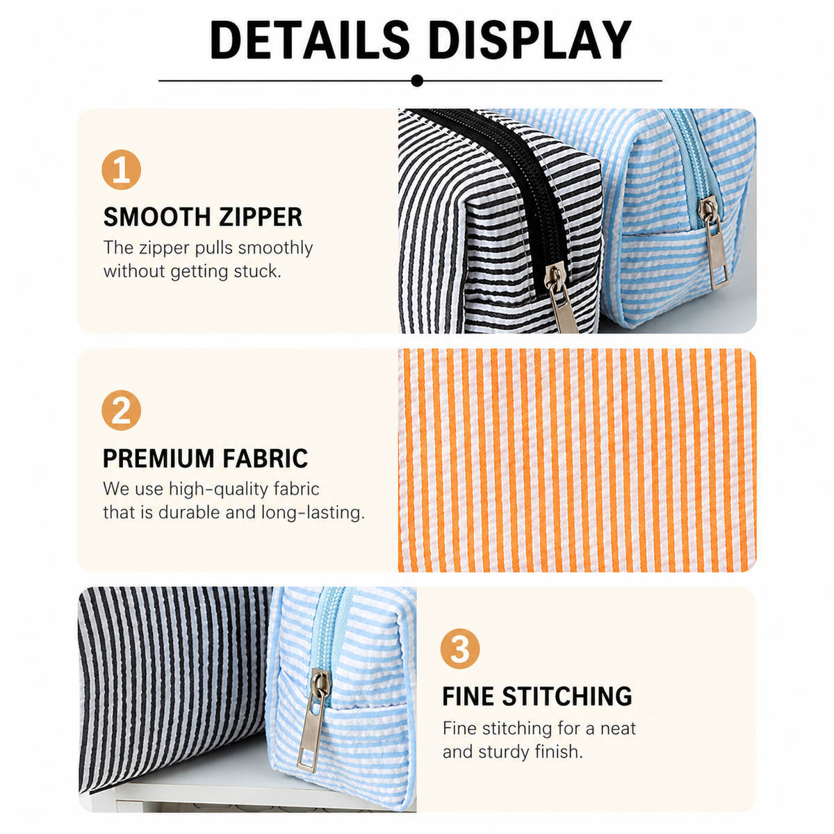 Large yellow and white striped pencil case by Everything Baby, fabric pen and pencil storage pouch with smooth zipper for desk organization.