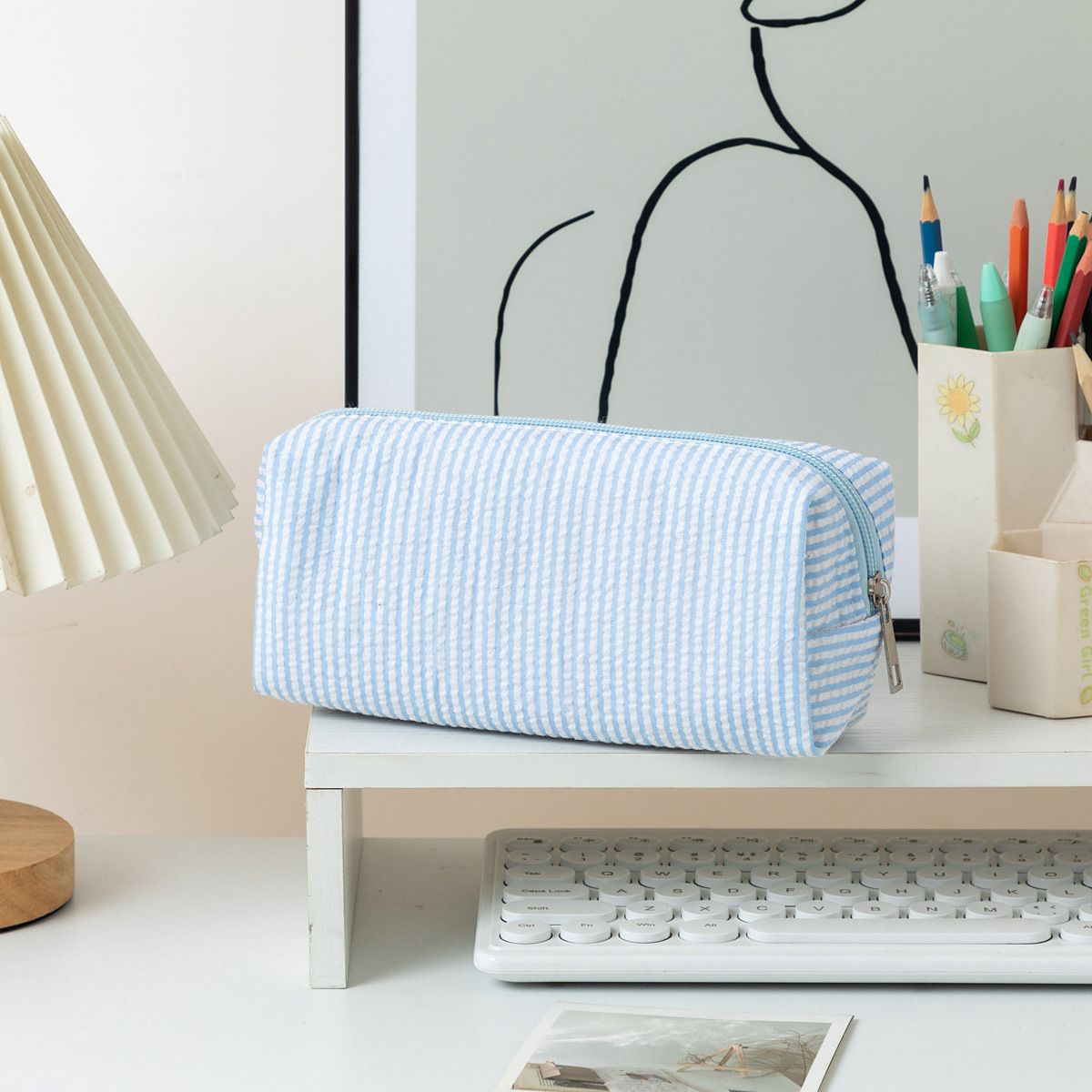 Large striped blue and white fabric pencil case by Everything Baby, ideal for pens, pencils, and desk organization.
