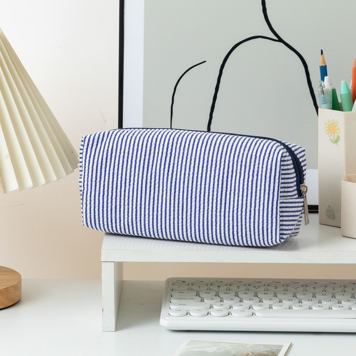 Large navy and white striped pencil case by Everything Baby, fabric stationery pouch with smooth zipper for pens and pencils.