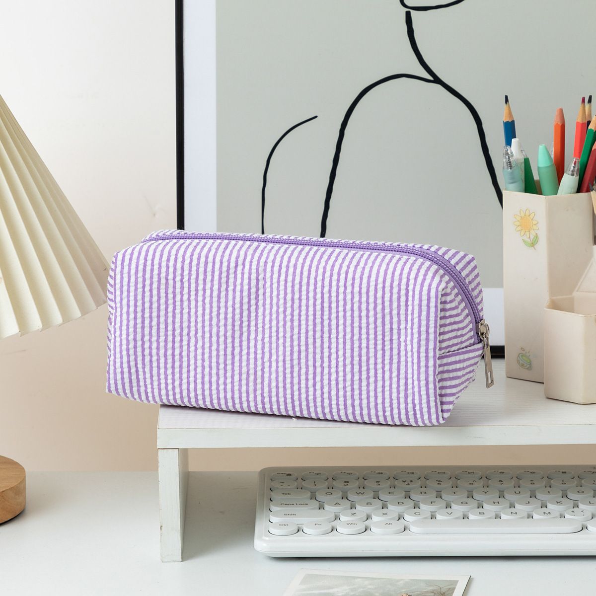 Large capacity striped purple and white fabric pencil case from Everything Baby, with smooth zipper for pens, pencils, and stationery.