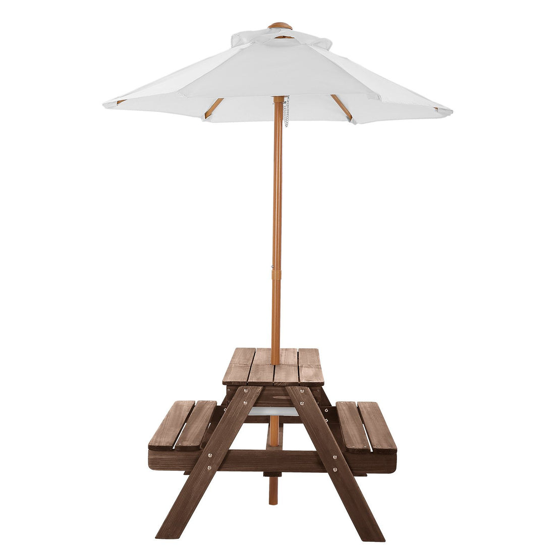 Wooden picnic table with benches and umbrella, suitable for indoor and outdoor kids' play areas, by Everything Baby.