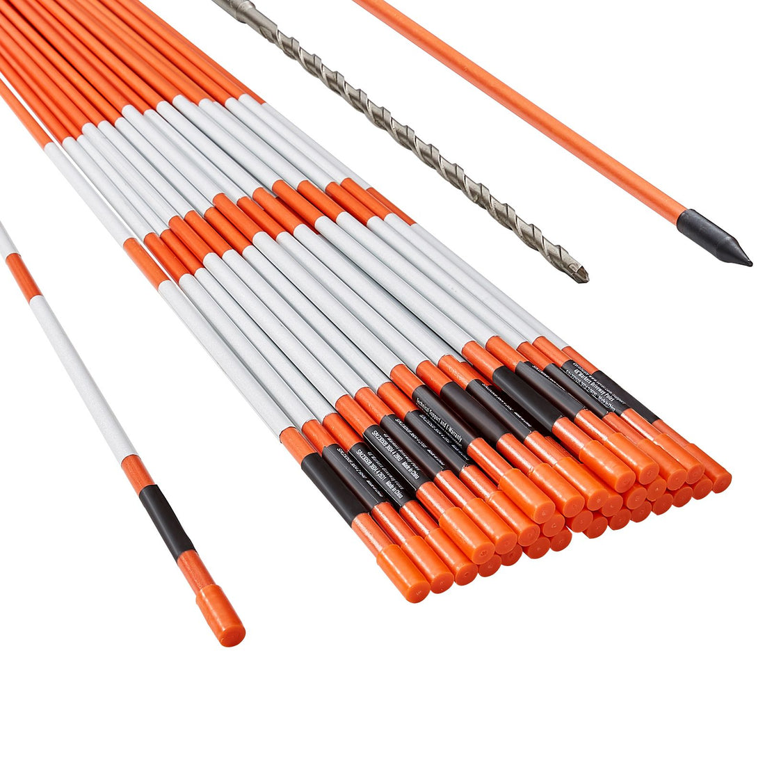 Orange fiberglass driveway markers with reflective tape, 30 pcs, 121.5cm, for parking lots and walkways, includes steel drill bit and gloves.