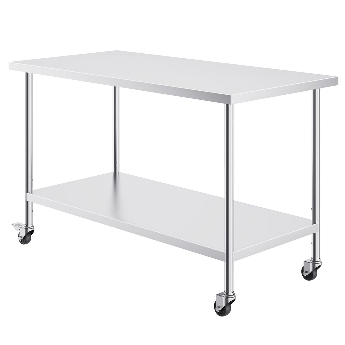 Stainless steel work table with wheels, 30x60 inches, adjustable height, ideal for commercial kitchen food prep, silver color.