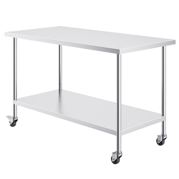Stainless Steel Work Table 30 x 60 x 38 Inch, with 4 Wheels, 3 Adjustable Height Levels, Heavy Duty Food Prep Worktable for Commercial Kitchen Restaurant, Silver