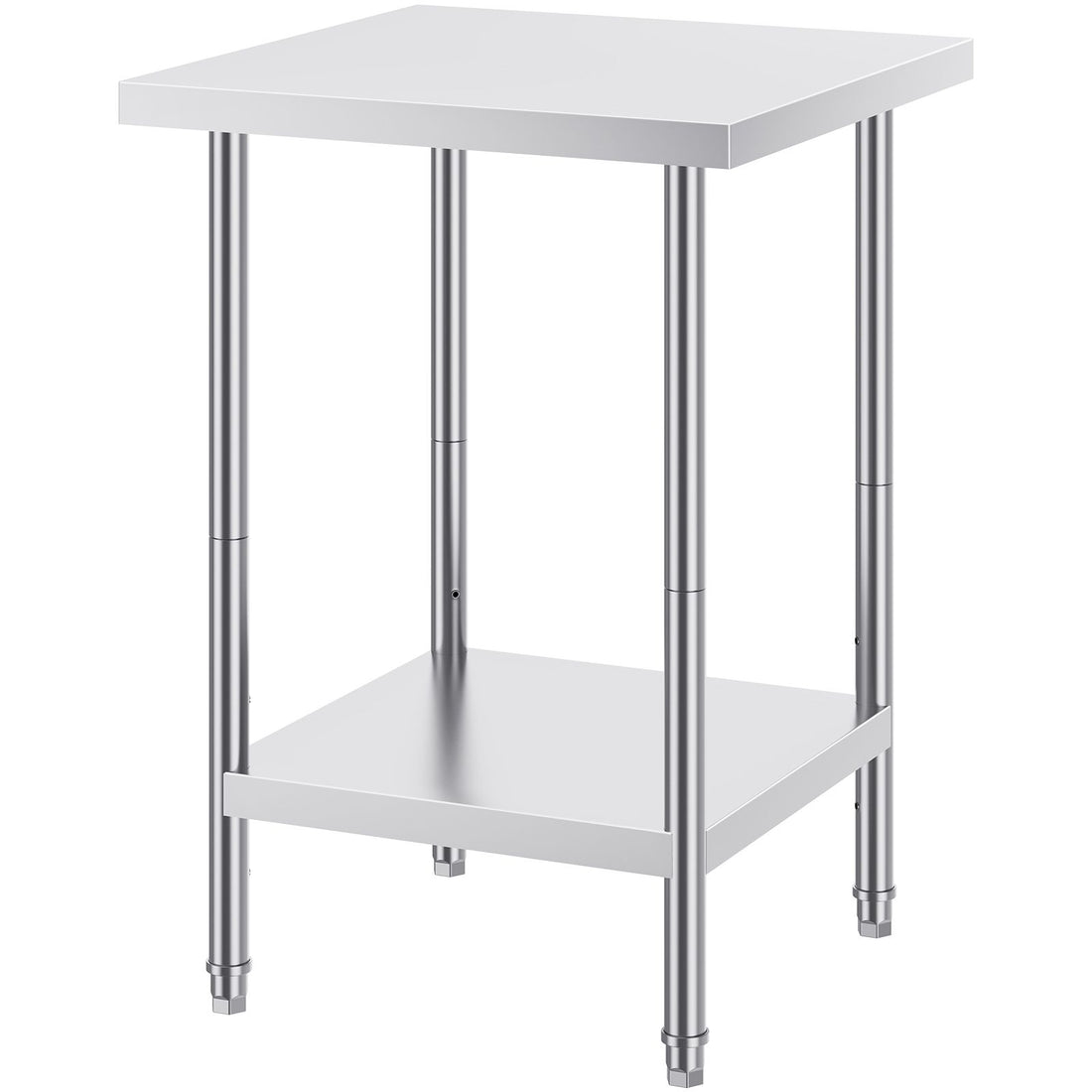 Stainless steel prep table with adjustable height levels, ideal for commercial kitchens, garages, or backyard workstations.