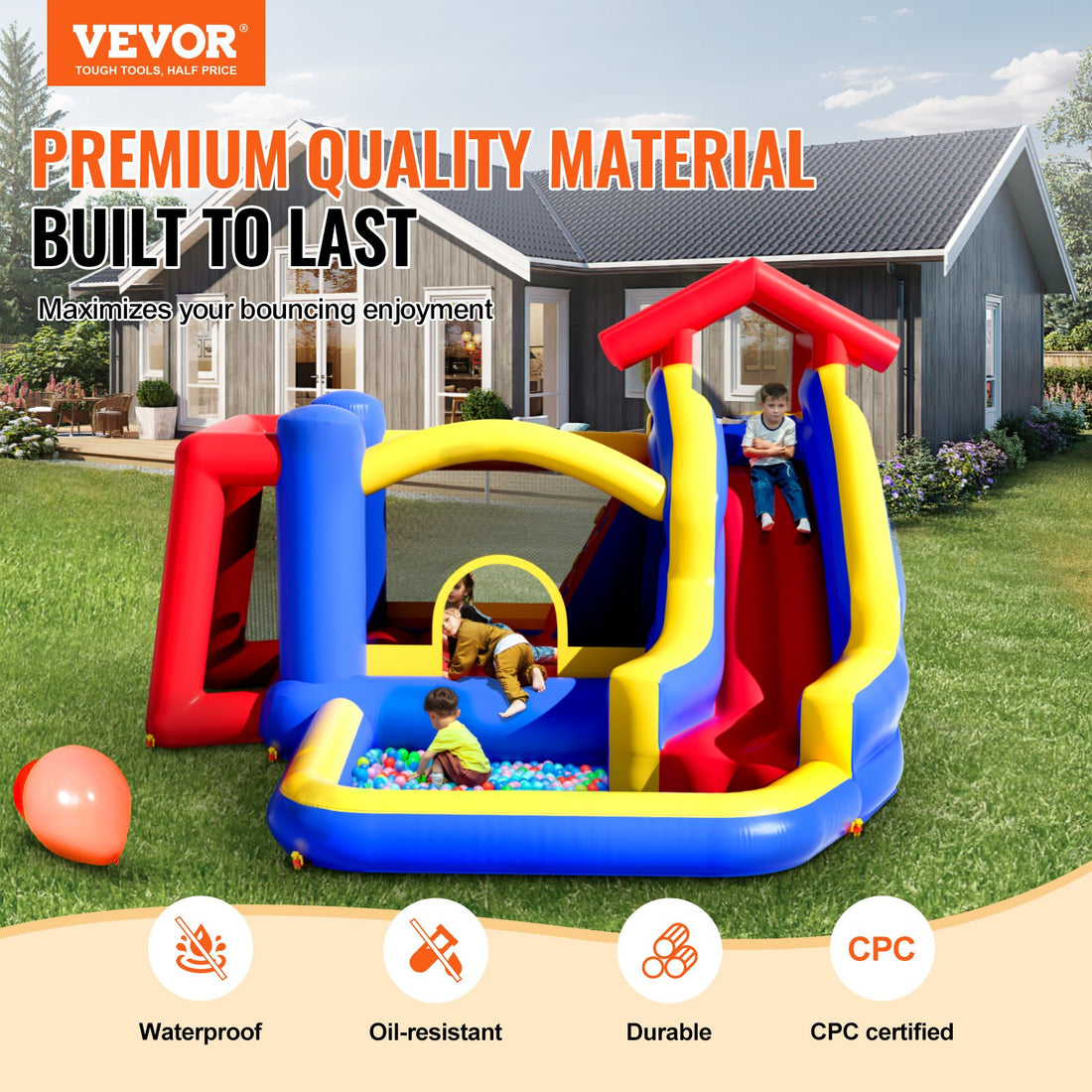 VEVOR Inflatable Bounce House, Outdoor High Quality Playhouse Trampoline, Jumping Bouncer with Blower, Slide, and Storage Bag, Family Backyard Bouncy Castle, for Kid Ages 3_8 Years, 3.3x3x2.3m