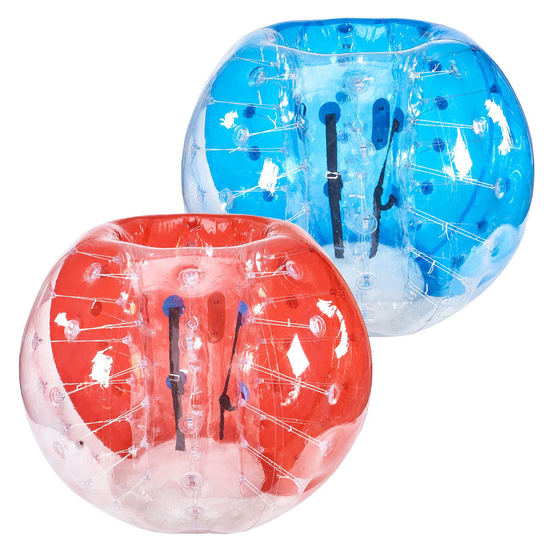 Pair of inflatable bumper balls for outdoor play, featuring 5ft PVC body zorb balls for teens and adults in garden or park settings.