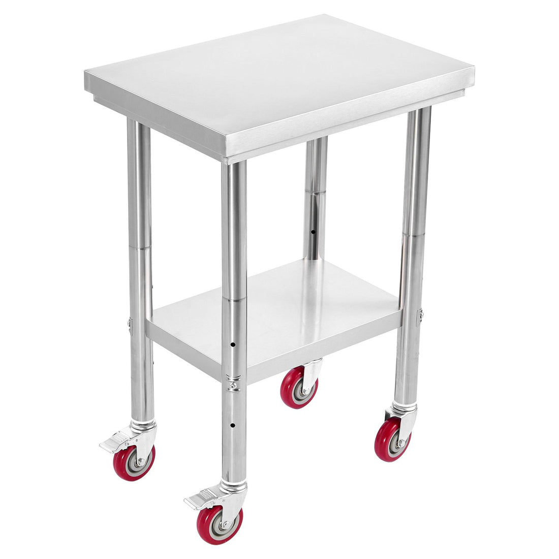 Stainless steel food prep worktable with wheels and adjustable undershelf, ideal for commercial kitchens, restaurants, and outdoor use.