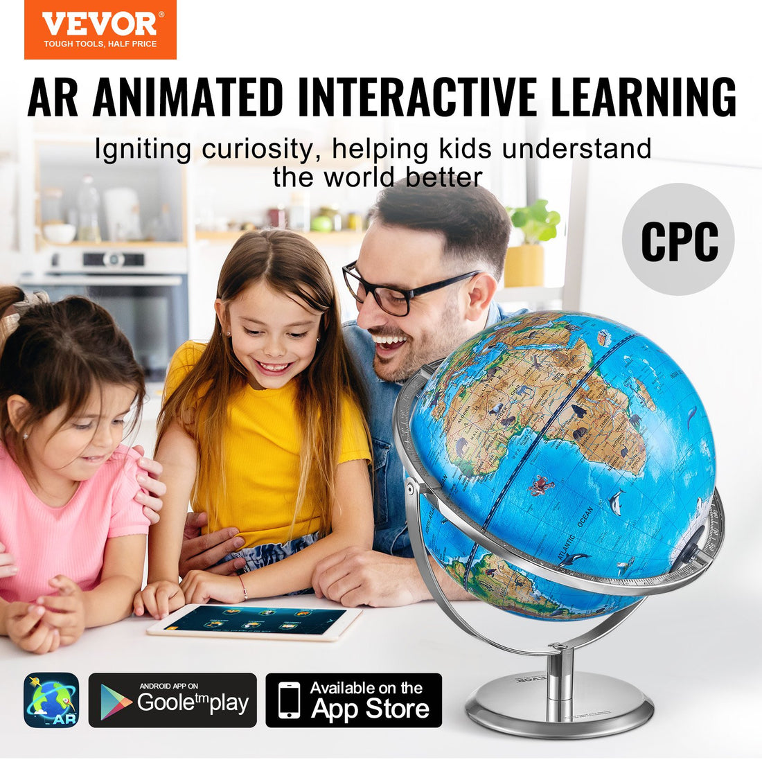 VEVOR Educational Globe for Kids, 254 mm, Interactive AR World Globe with AR Golden Globe APP LED Night Lighting Rotation, STEM Toy Gifts for Kids Compatible with Android or iOS Devices