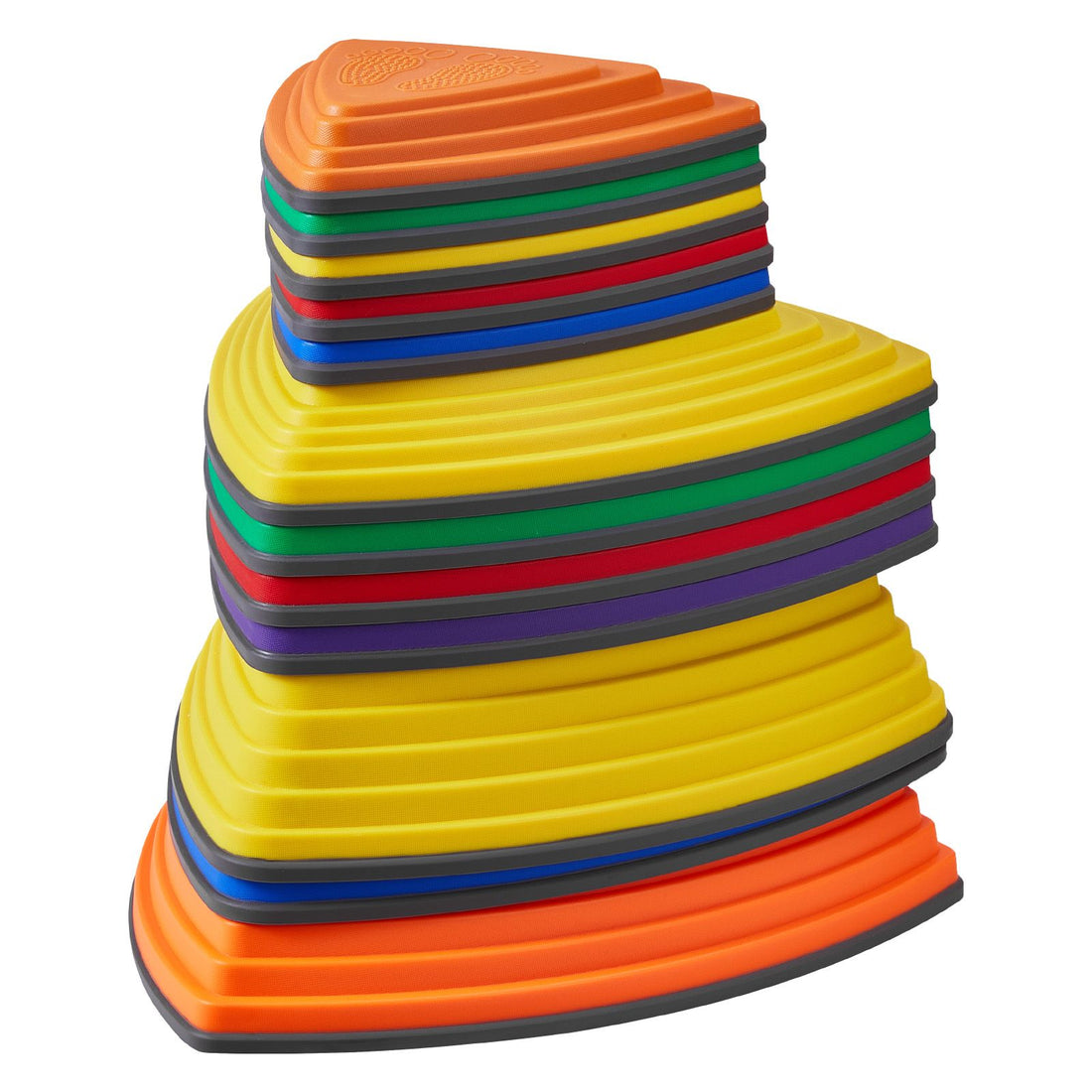 Set of 12 colorful kids' balance stepping stones for outdoor and indoor sensory obstacle course play by Everything Baby.