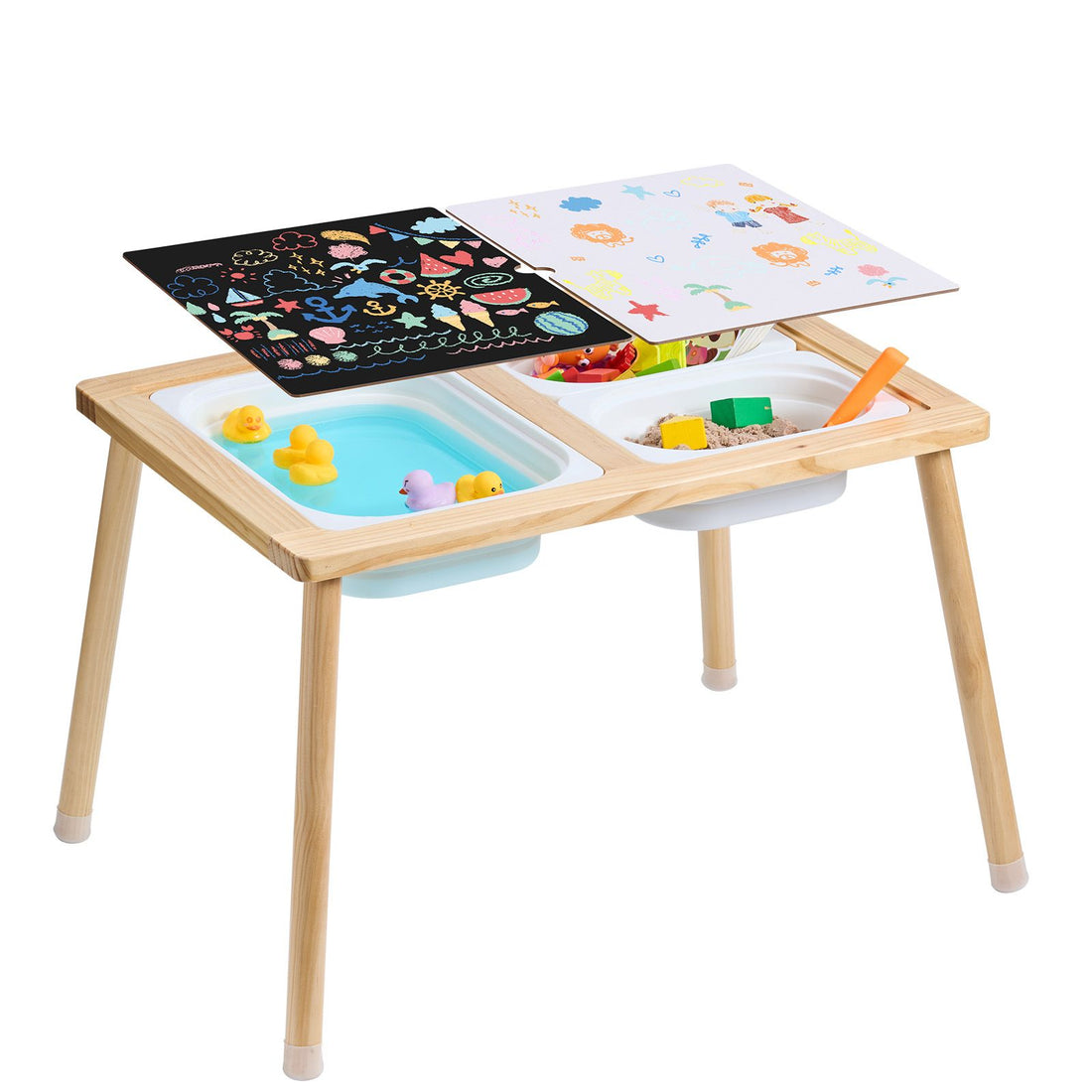 Wooden kids sensory table with sand and water features, includes three storage bins for indoor outdoor play by Everything Baby