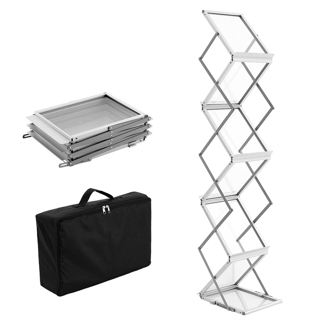 Lightweight aluminum literature rack with six pockets, pop-up design, portable with carrying bag, ideal for living room, hotel, or office.