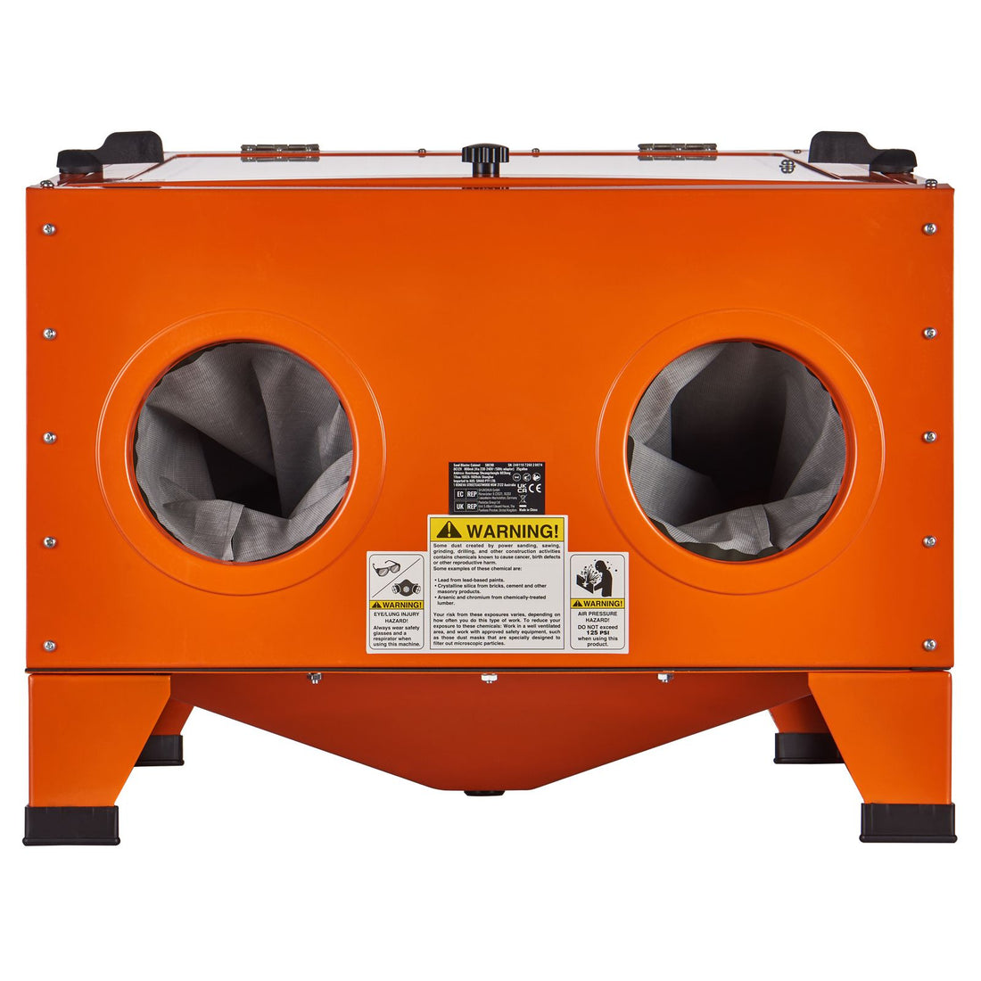 Portable 25-gallon sandblasting cabinet with blasting gun and ceramic nozzles for rust, paint, and stain removal in heavy-duty steel.