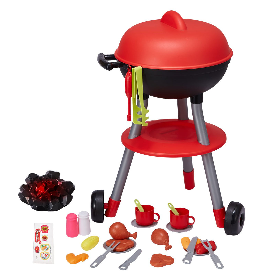 Kids BBQ grill playset with sound and light, including toy food and utensils for pretend cooking and barbecue fun.