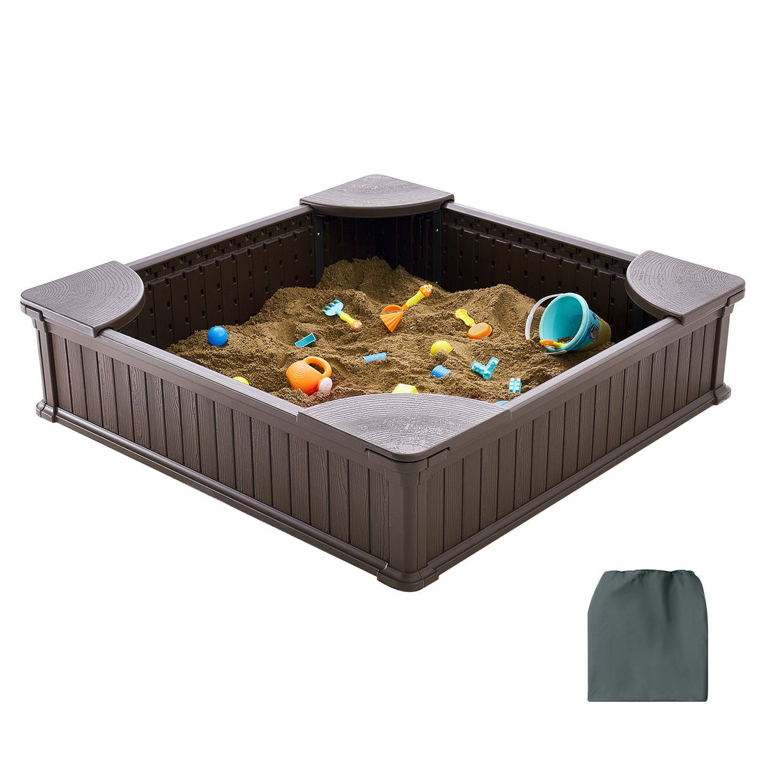 Kids outdoor sandbox with cover, brown HDPE square sand pit, 4 corner seats, bottom liner, suitable for ages 3-12.