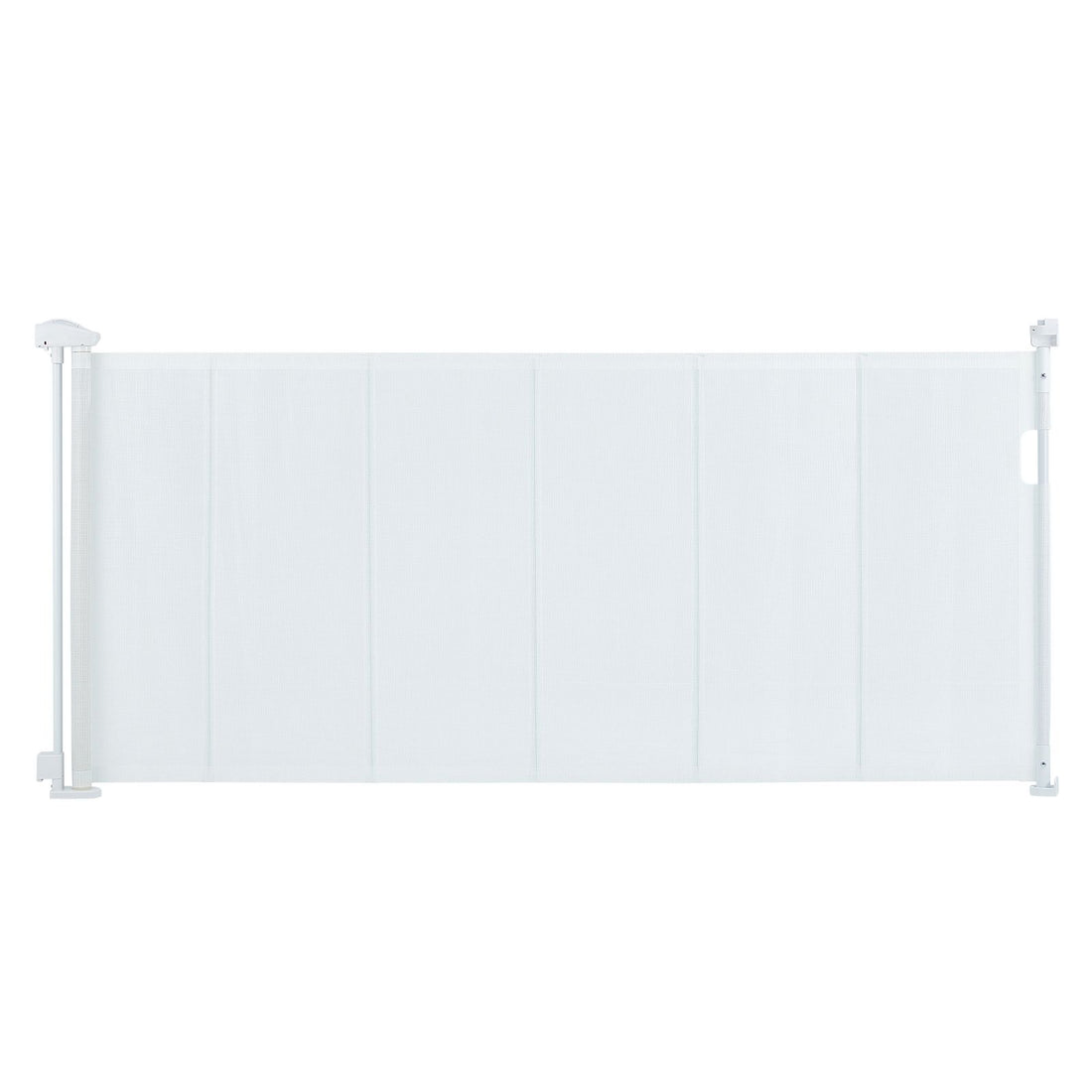 Retractable baby gate by Everything Baby, 34.2 inches tall, white mesh, extends up to 76.8 inches for stairs and doorways.
