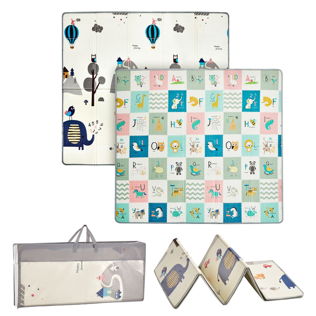 Large waterproof baby play mat by Everything Baby, non-slip foam surface, foldable, reversible, ideal for crawling and play.