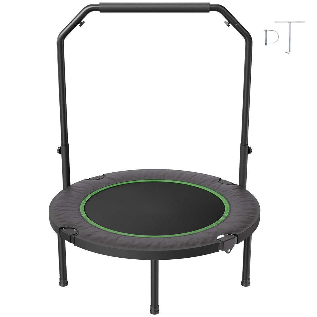 Foldable 40-inch mini trampoline with foam handle for adults, featuring adjustable height, stable design, and quiet rebound for indoor workouts