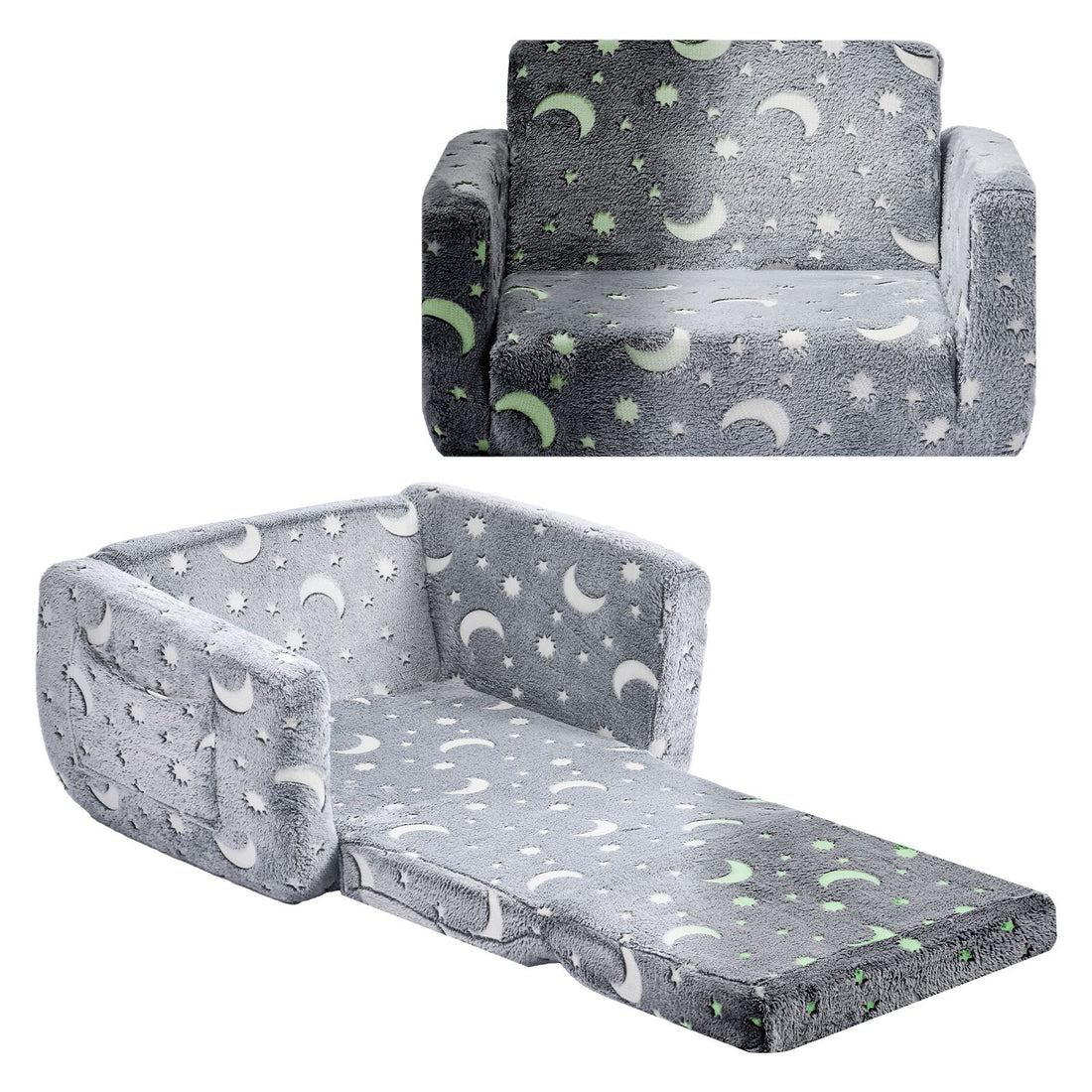 Gray 2-in-1 kids sofa from Everything Baby, foldable toddler couch with armrests, glow-in-the-dark, sponge cushion, ideal for reading and lounging.