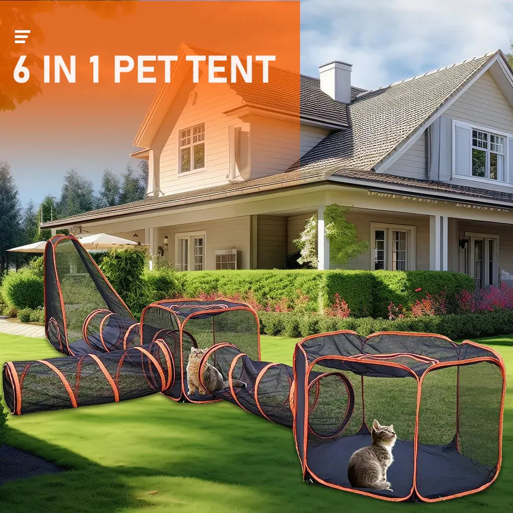 Portable 6-in-1 outdoor pet cat playpen with mesh sides, foldable design, tunnel house, and storage bag for indoor and outdoor use.