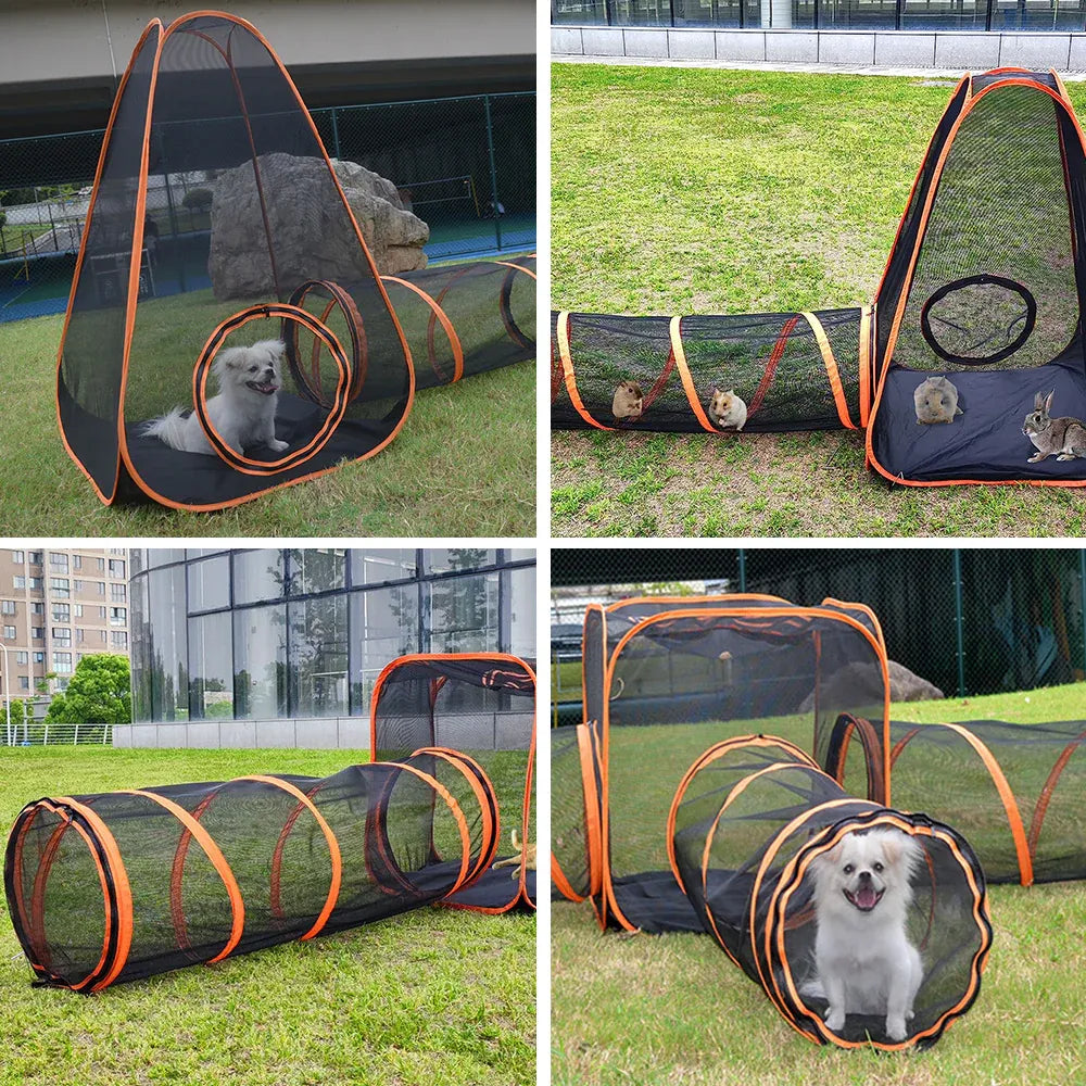 Folding 6-in-1 outdoor portable pet cat playpen with mesh sides, tunnel, and storage bag, suitable for indoor and outdoor use.
