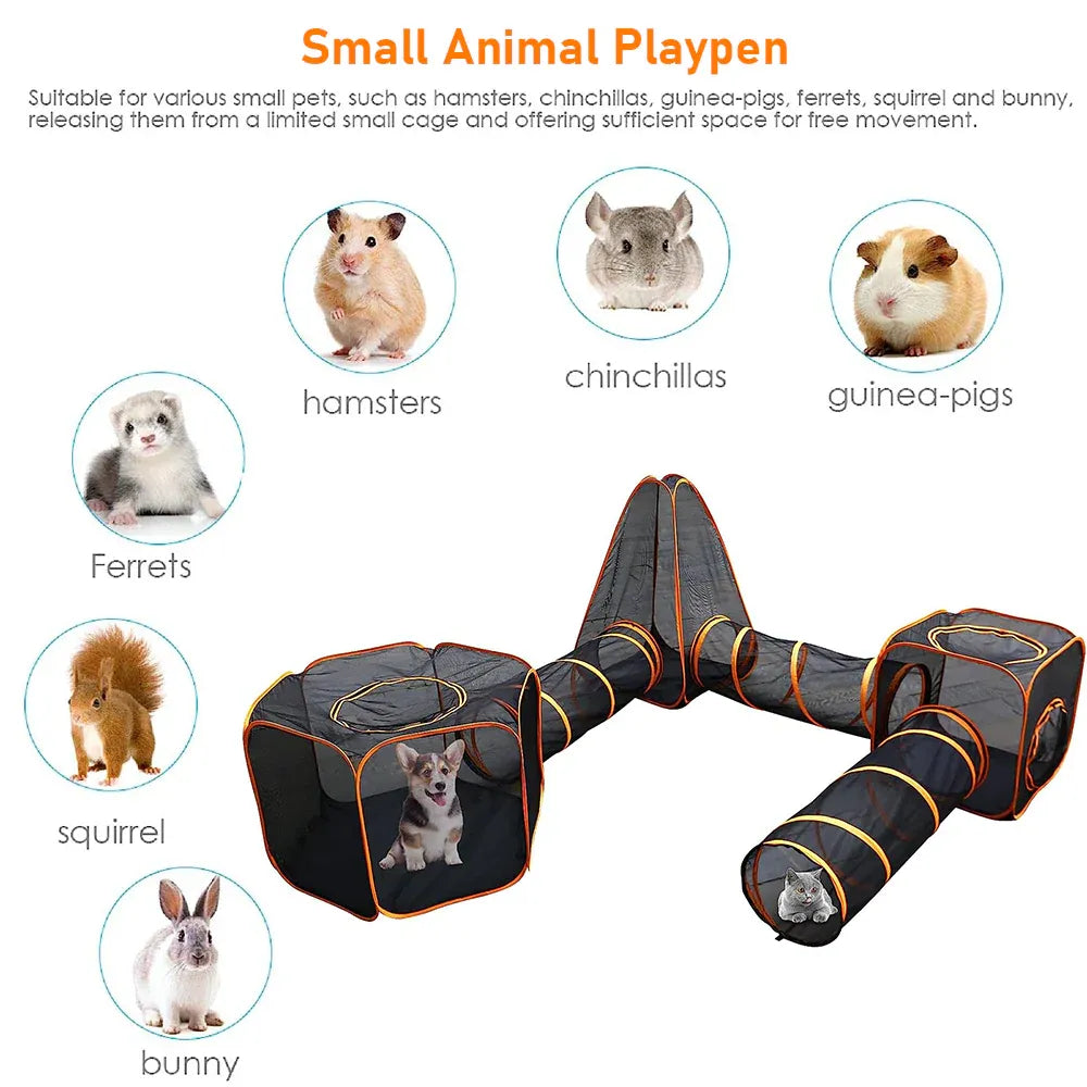 Portable 6-in-1 outdoor pet cat playpen with mesh sides, foldable design, tunnel house, and storage bag for indoor and outdoor use.