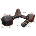 Folding 6-in-1 outdoor portable pet cat playpen with mesh sides, tunnel house, and storage bag for indoor and outdoor use