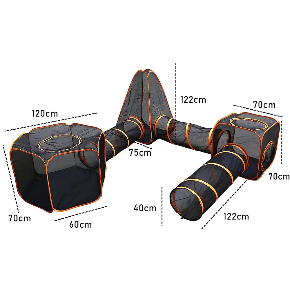 Folding 6-in-1 outdoor portable pet cat playpen with mesh sides, tunnel house, and storage bag for indoor and outdoor use