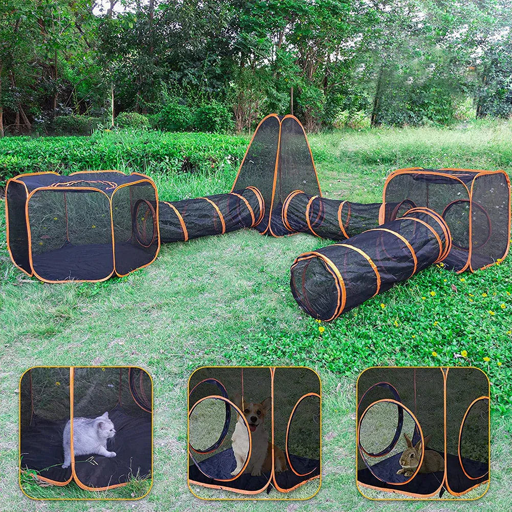 Foldable 6-in-1 outdoor pet cat playpen with mesh sides, tunnel house, and storage bag, suitable for indoor and outdoor use.