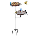 Metal double bird bath and feeder with 12-inch bowls, freestanding stand, stakes, suitable for outdoor garden decoration and birdwatching.