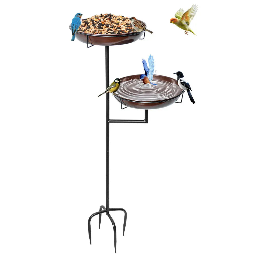 Metal double bird bath and feeder with 12-inch bowls, freestanding stand, stakes, suitable for outdoor garden decoration and birdwatching.