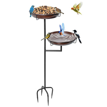 Metal double bird bath and feeder with 12-inch bowls, freestanding stand, stakes, suitable for outdoor garden decoration and birdwatching.