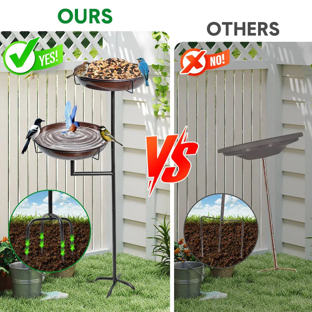 Metal bird bath and feeder with double 12-inch bowls on a freestanding stand, ideal for outdoor garden birdwatching.