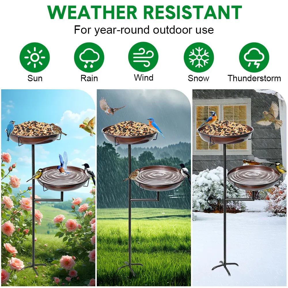 Double 12-inch metal bird bath and feeder with stand, outdoor garden decor, large capacity, suitable for birds in garden settings.