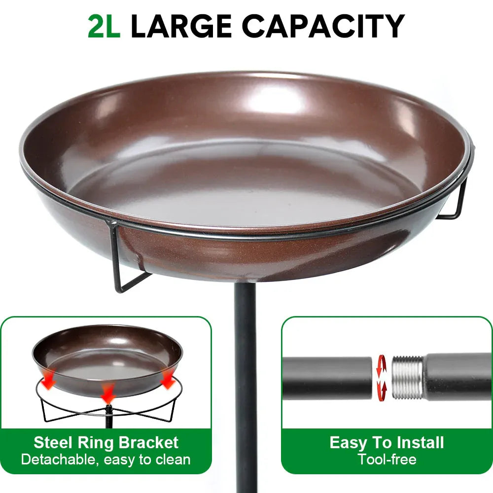 Metal bird bath and feeder with double 12-inch bowls, freestanding stand, stakes, ideal for garden outdoor decor and birdwatching.