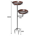 Metal bird bath and feeder with double 12-inch bowls, freestanding stand with stakes, suitable for garden outdoor decor.