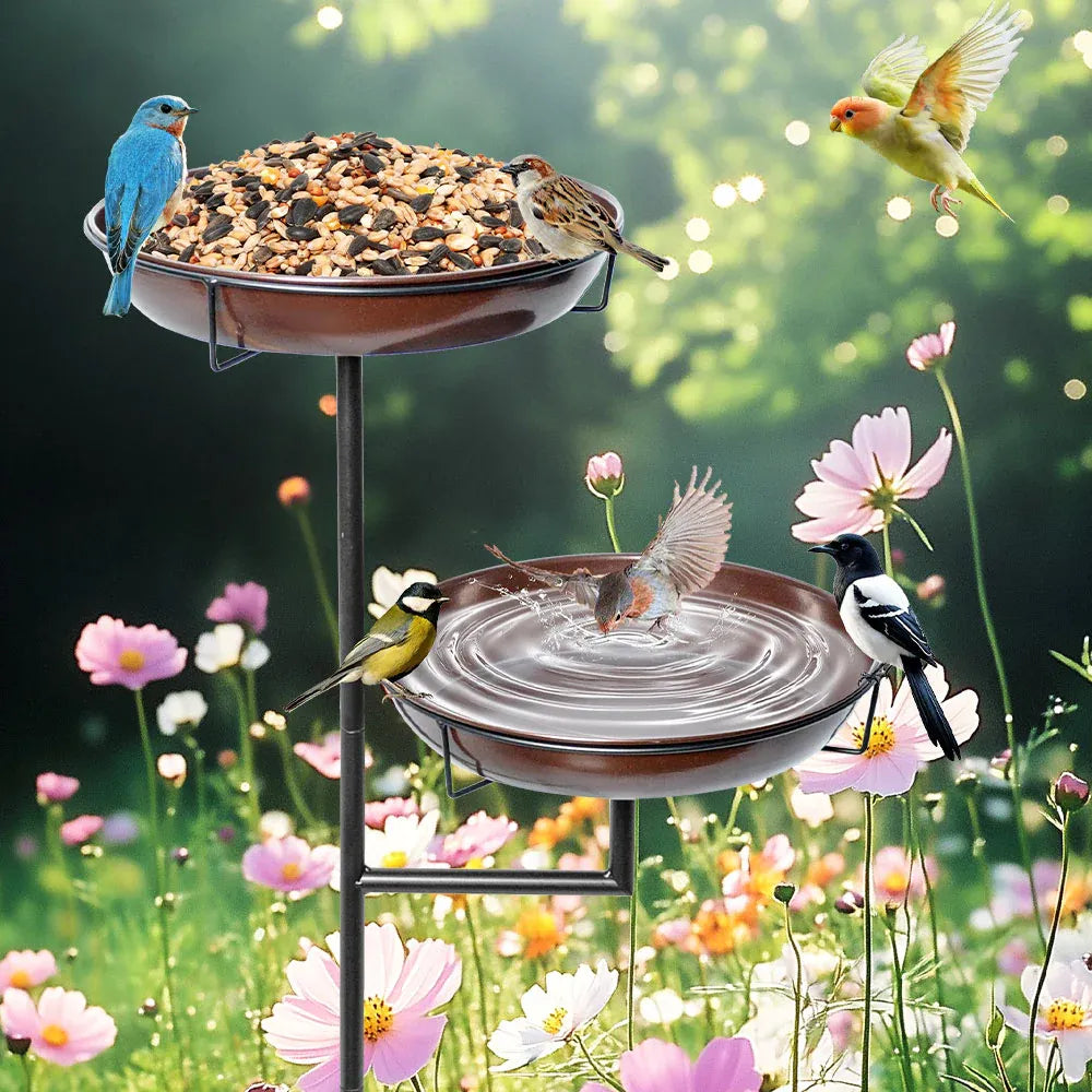 Metal bird bath and feeder with double 12-inch bowls, freestanding stand with stakes, suitable for garden outdoor decor