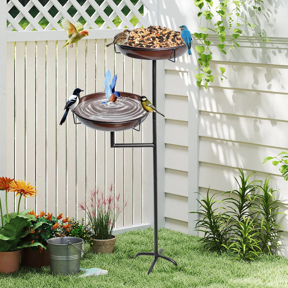Double 12-inch metal bird bath and feeder with stakes, freestanding garden outdoor decor, large capacity for birds.