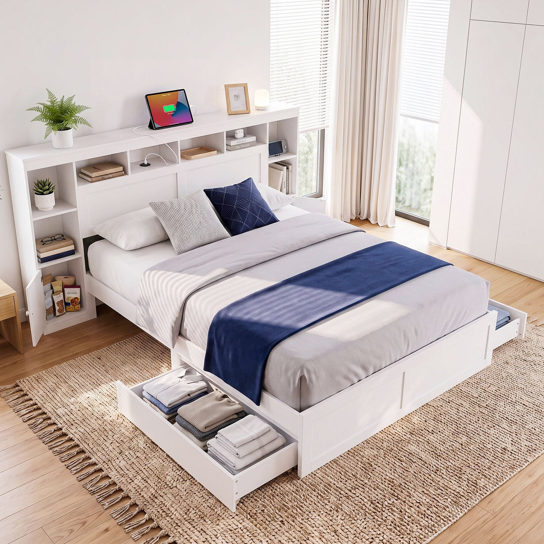 White Artiss queen bed frame with storage bookcase headboard, USB and Type-C ports, and drawers, designed for kids' bedrooms.