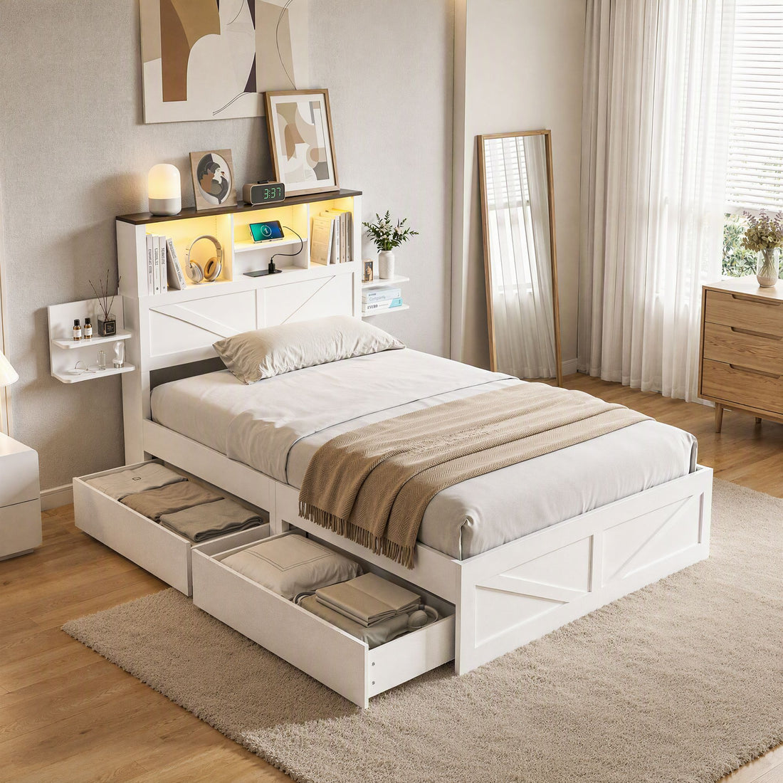 White Artiss king single bed frame with storage drawers, bookcase headboard, LED lights, and charging station in kids' furniture.