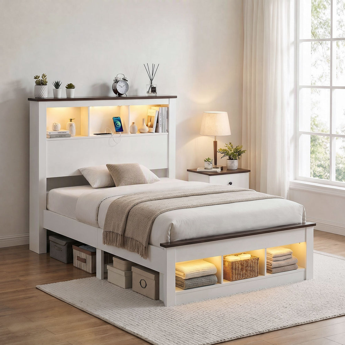White Artiss single bed frame with storage bookcase headboard and footboard for kids, featuring modern design and practical storage.