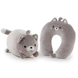 Gray cat-shaped plush toy and U-shaped pillow on a white background