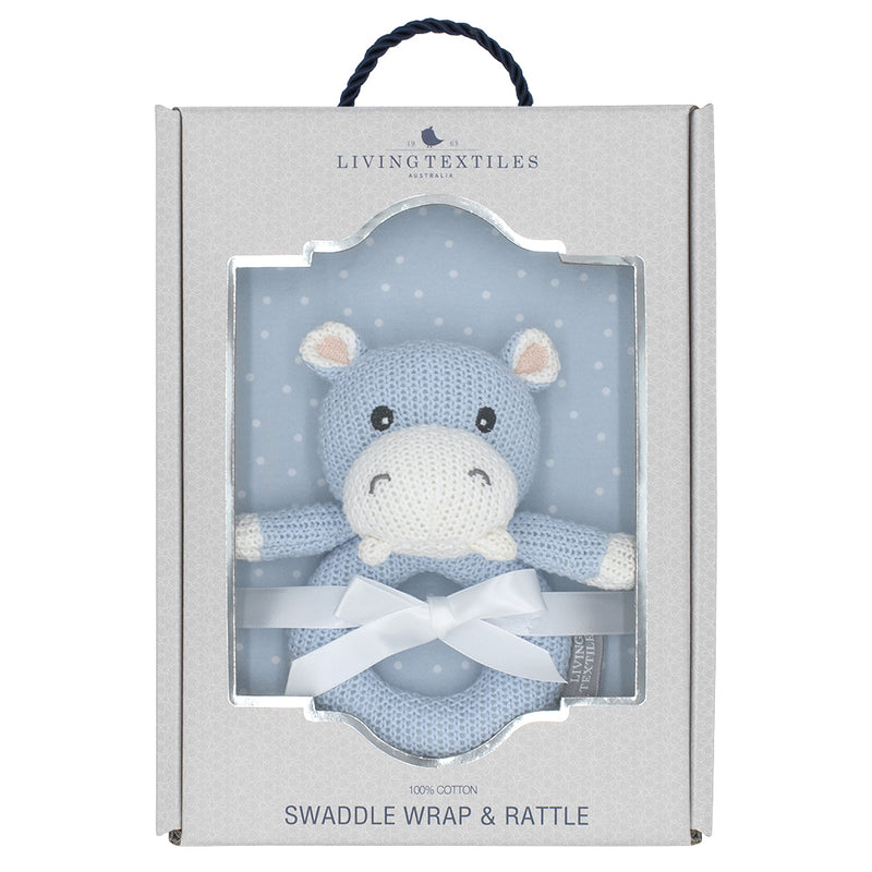 Jersey Swaddle & Rattle - Dots/Hippo